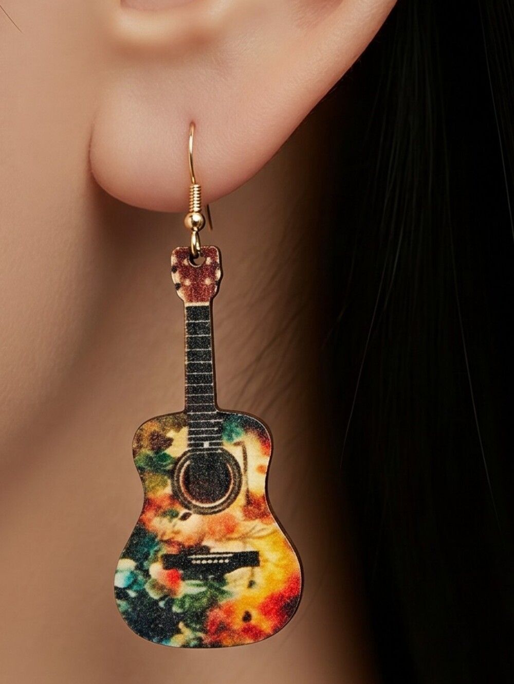 Rustic Floral Guitar Wood Dangle Earrings Boho Artist Statement Musician Gift